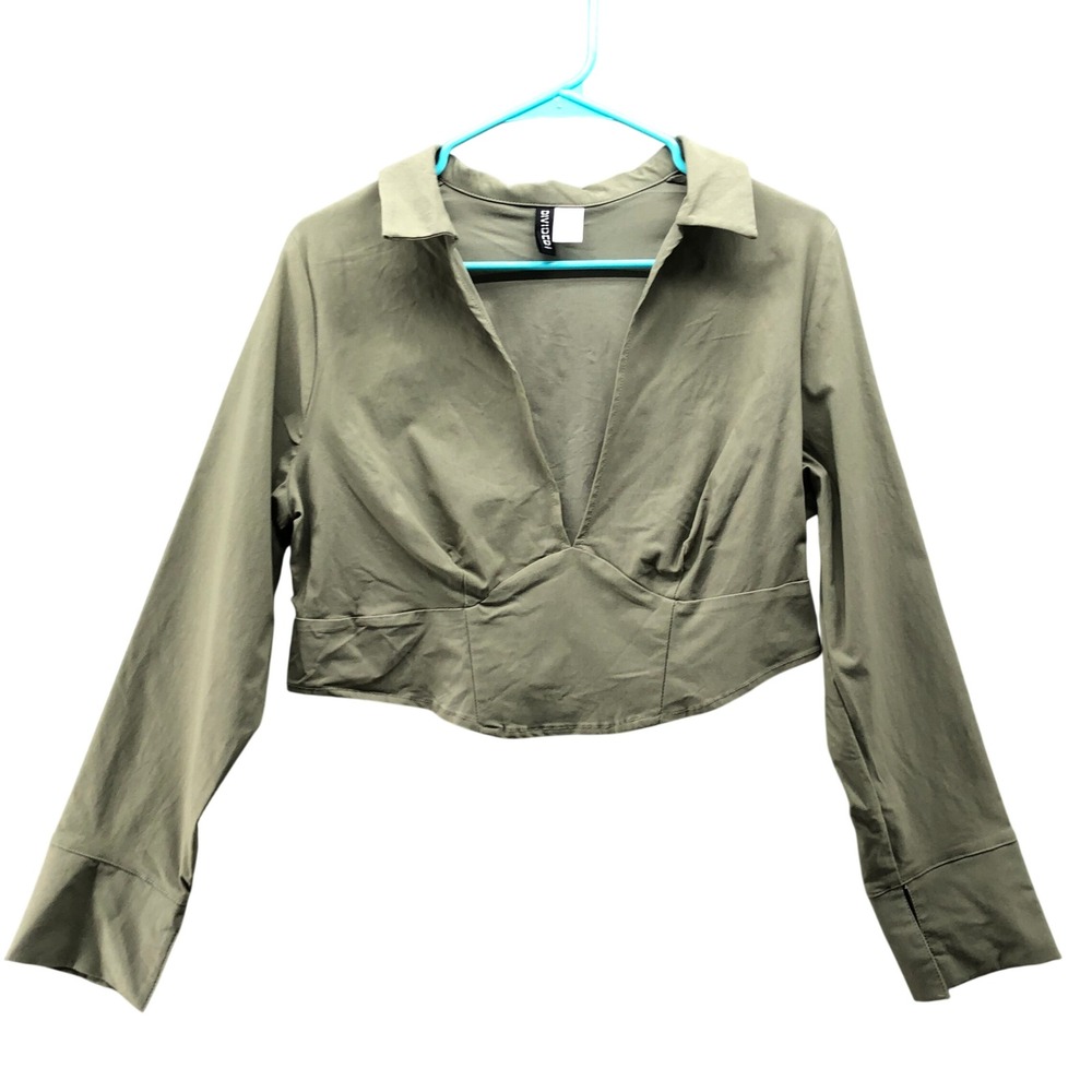 H&M Corset‎ Style Deep V-Neck Crop Shirt Womens XL Green Long Sleeve Collared